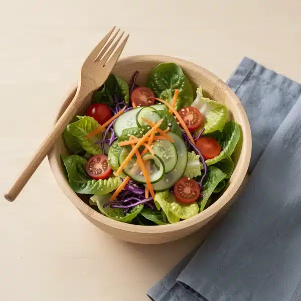 Bowl de bambú compostable con ensalada fresca y cubiertos ecológicos para restaurantes saludables | Colbios