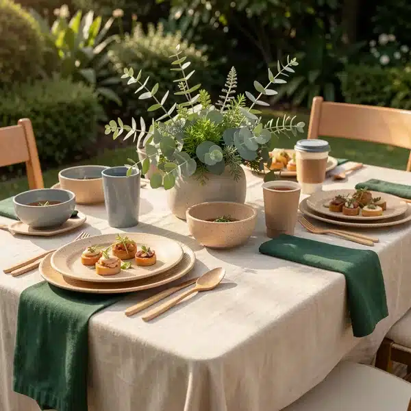 Vajilla ecológica compostable para catering y eventos, mesa puesta con platos, bowls y cubiertos de bambú y caña de azúcar | Colbios