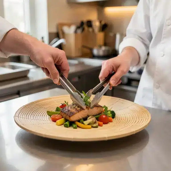 Manos de chef sirviendo salmón en plato ecológico de bambú, empaque resistente para cocinas ocultas y dark kitchens | Colbios