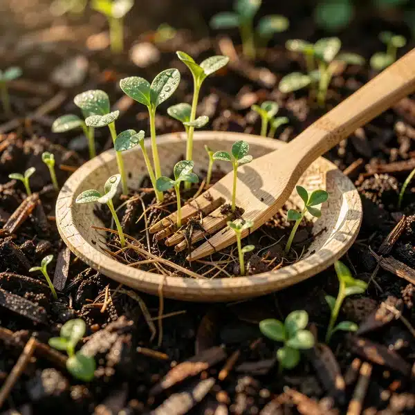 Empaque biodegradable de Colbios descomponiéndose en tierra con brotes verdes, home compost en 90 días, cumple Ley 2232