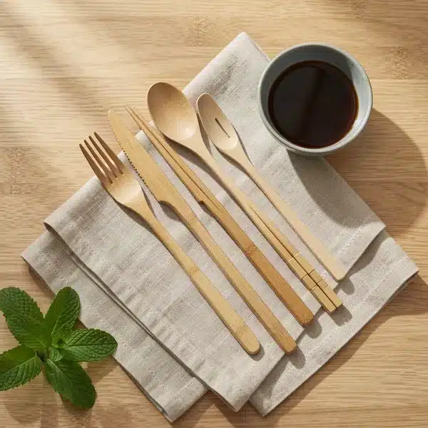 Cubiertos de bambú biodegradables sobre mesa de madera clara, set completo para restaurante | Colbios