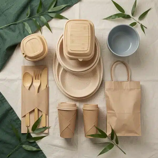 Kit completo de empaques compostables para restaurante: portacomidas, bowls, platos, vasos y cubiertos biodegradables | Colbios