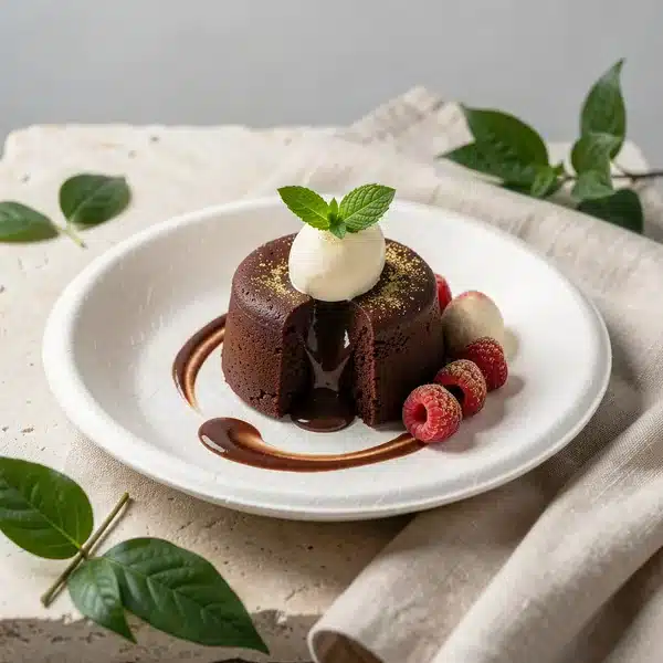 Plato de caña de azúcar compostable con postre gourmet, presentación de alta cocina para eventos | Colbios