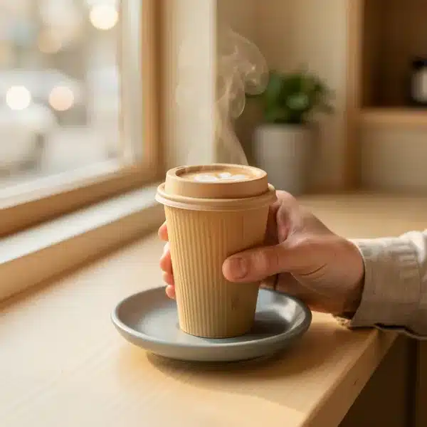 Vaso compostable para café para llevar con tapa de fibra, no quema la mano y es 100% compostable | Colbios